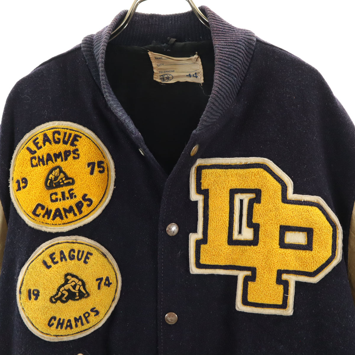 VINTAGE ヴィンテージ 70s ワッペン レザー切り替え アワード ジャケット 44 ネイビー スタジャン メンズ