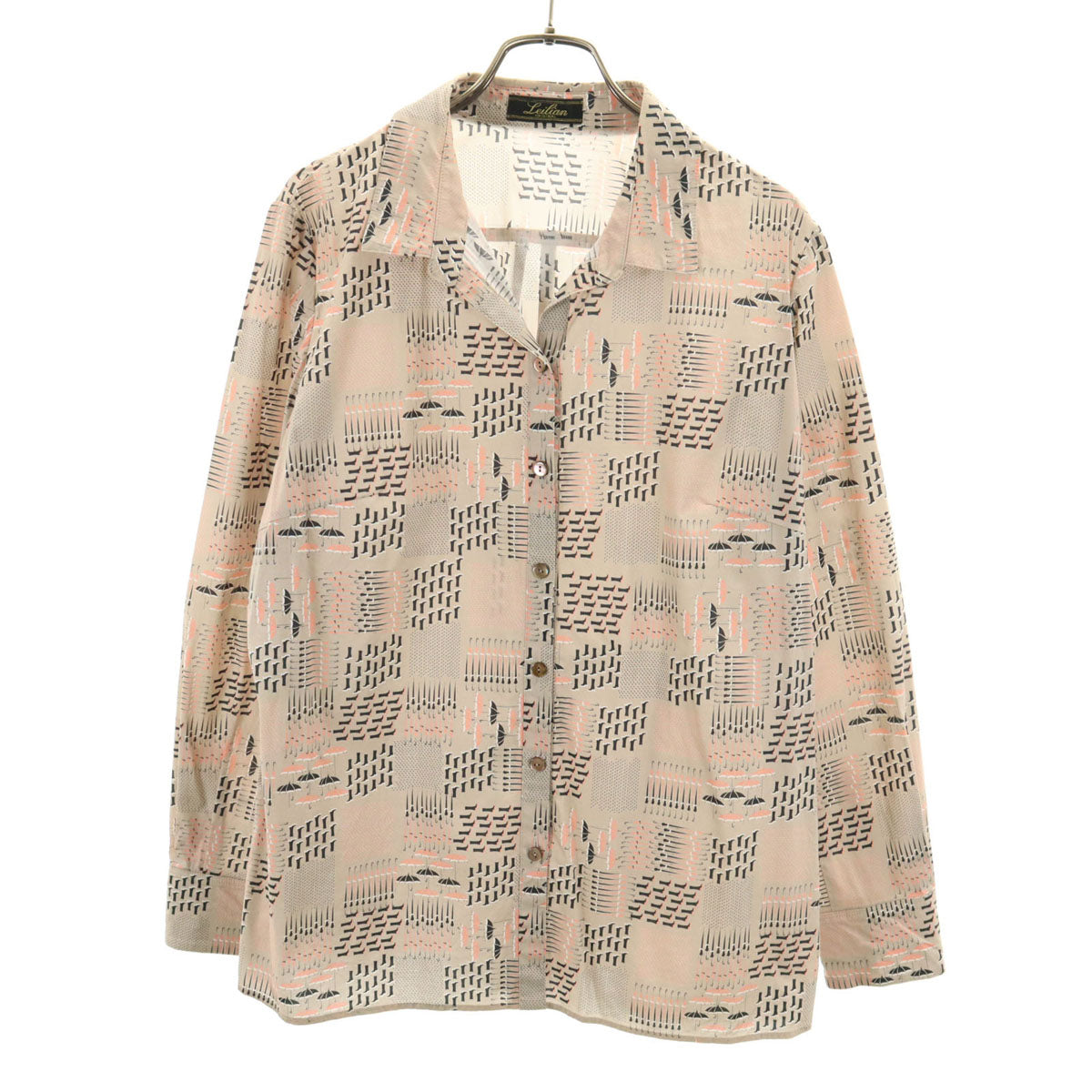 Leilian レリアン 日本製 レイン柄 長袖 オープンカラーシャツ 13 ベージュ レディース