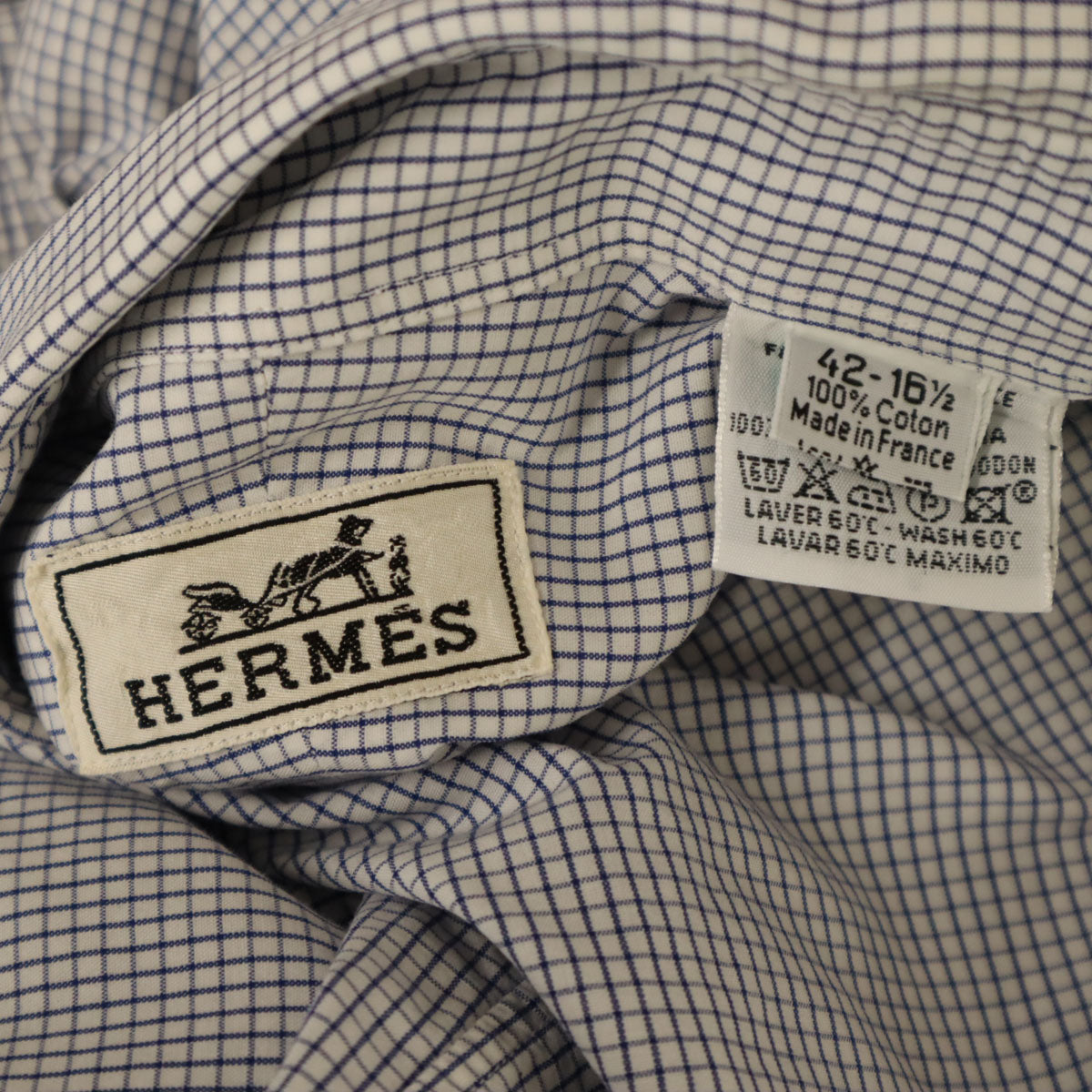 HERMES エルメス フランス製 チェック柄 長袖 ボタンダウンシャツ 42 ホワイト 他 メンズ
