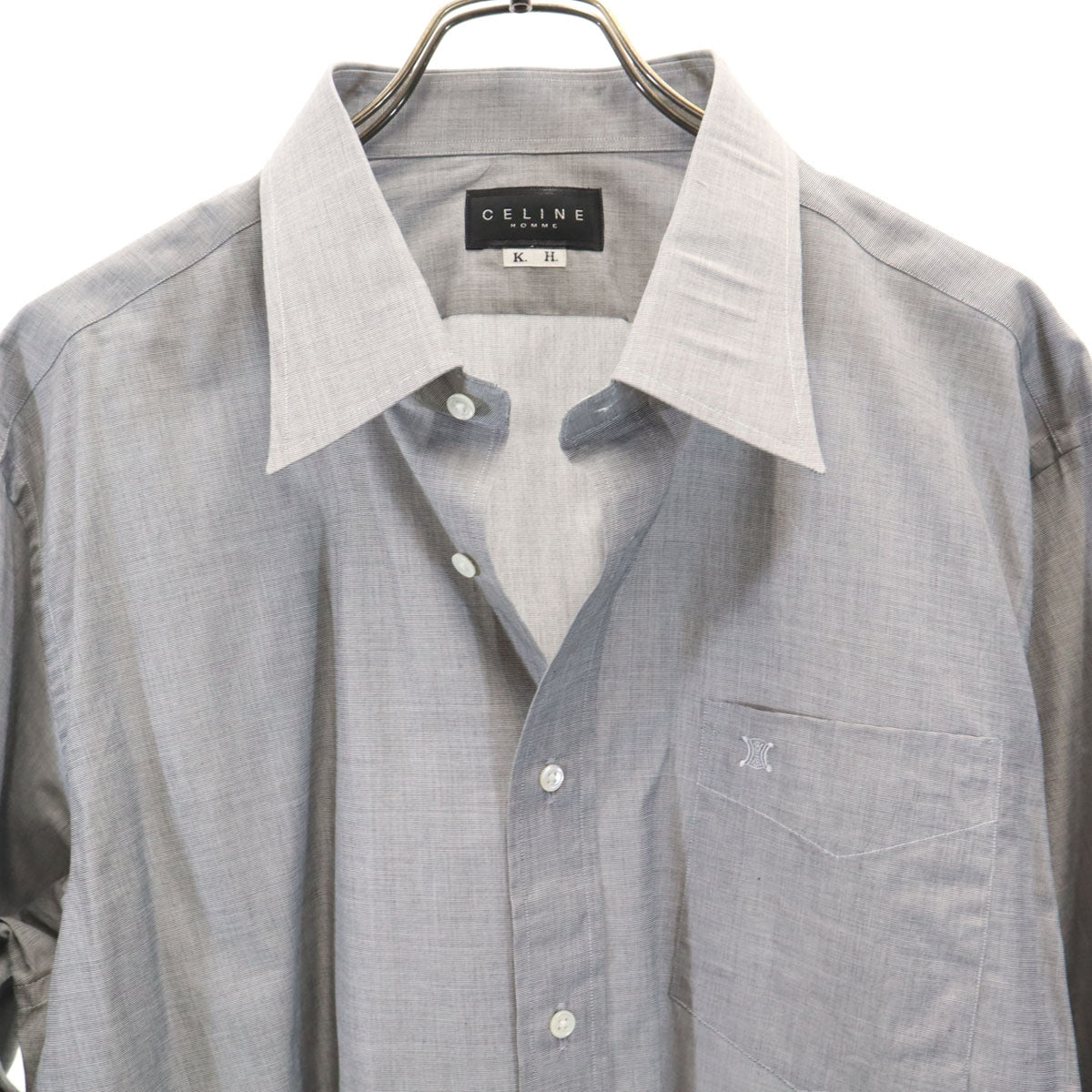 CELINE セリーヌ 長袖 ワンポイント刺繍 コットンシャツ グレー メンズ