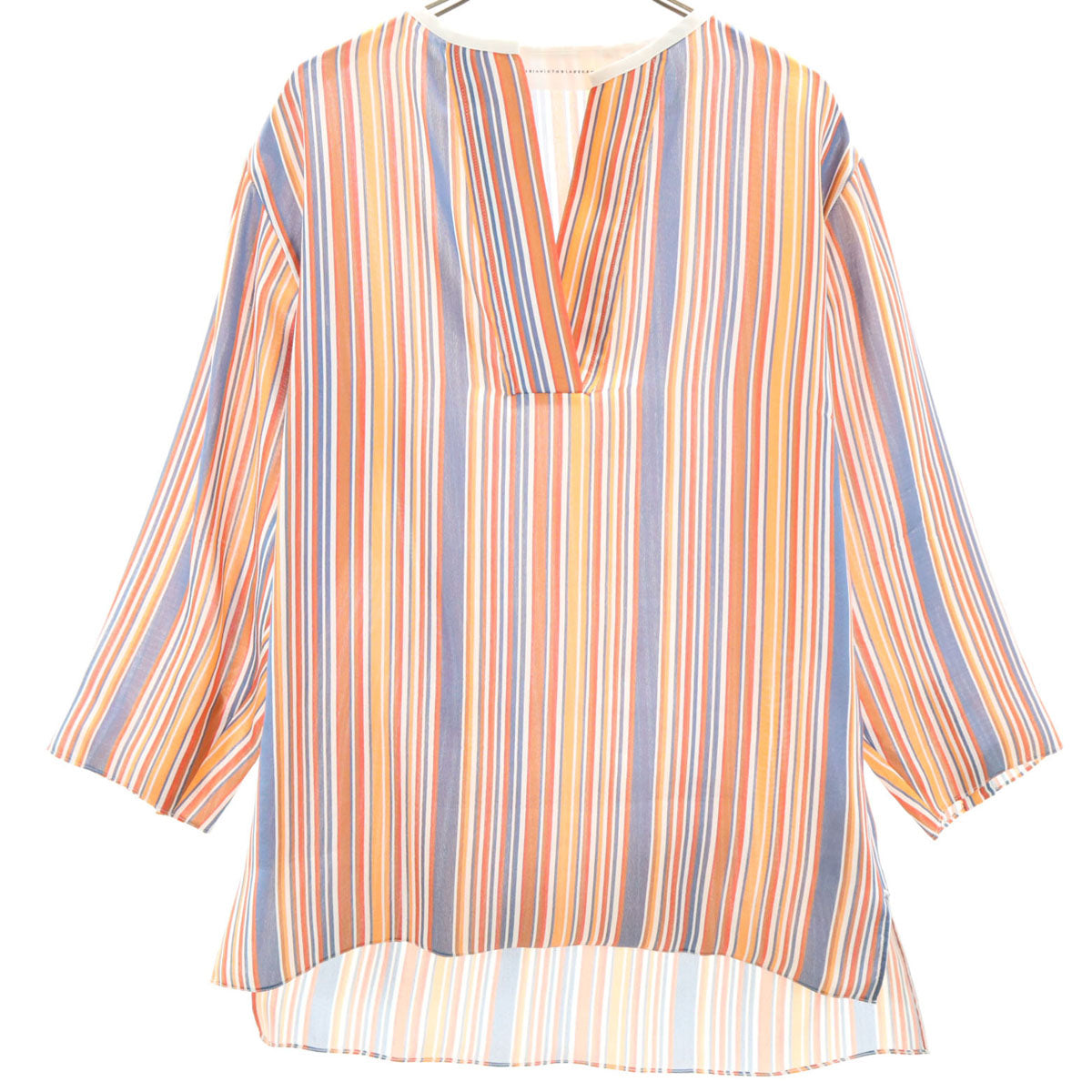 ヴィクトリアヴィクトリアベッカム ポルトガル製 ストライプ柄 7分袖 スキッパーカラー プルオーバー シャツ 40 オレンジ レディース