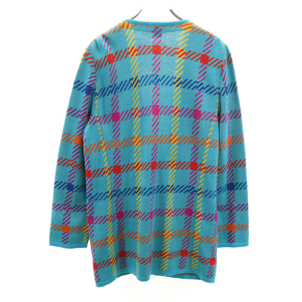 NINA RICCI ニナリッチ イタリア製 ウール100％ チェック柄 長袖 Vネック ニットカーディガン 42 ブルー系 レディース