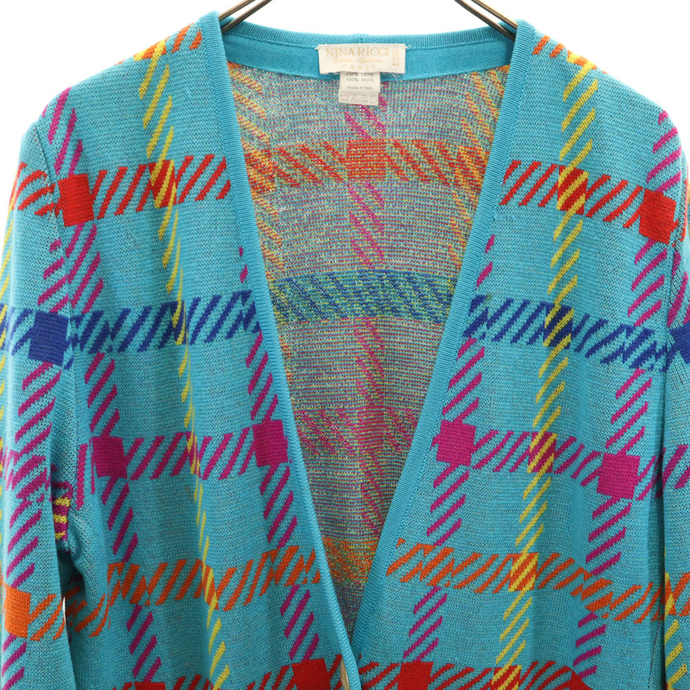 NINA RICCI ニナリッチ イタリア製 ウール100％ チェック柄 長袖 Vネック ニットカーディガン 42 ブルー系 レディース