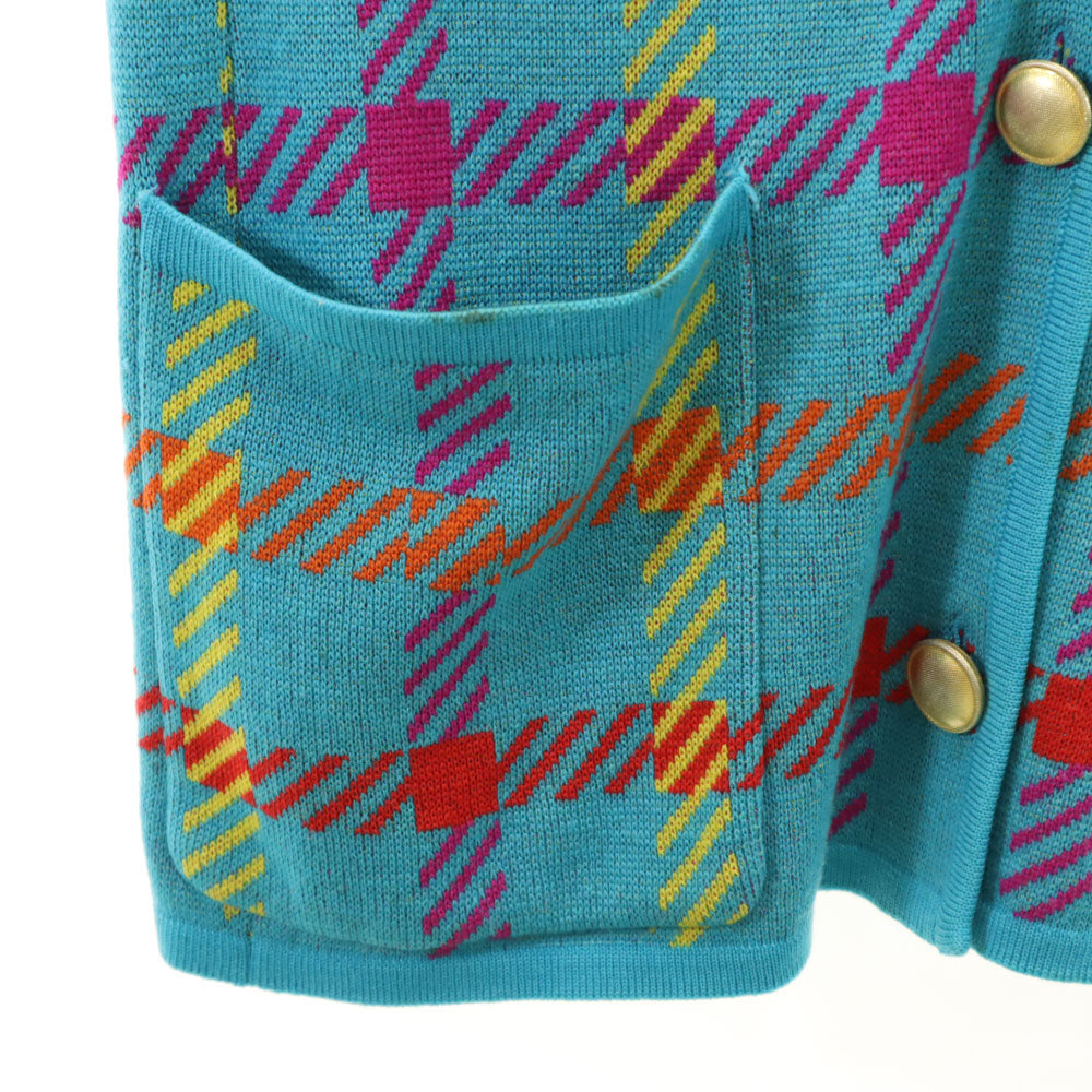 NINA RICCI ニナリッチ イタリア製 ウール100％ チェック柄 長袖 Vネック ニットカーディガン 42 ブルー系 レディース