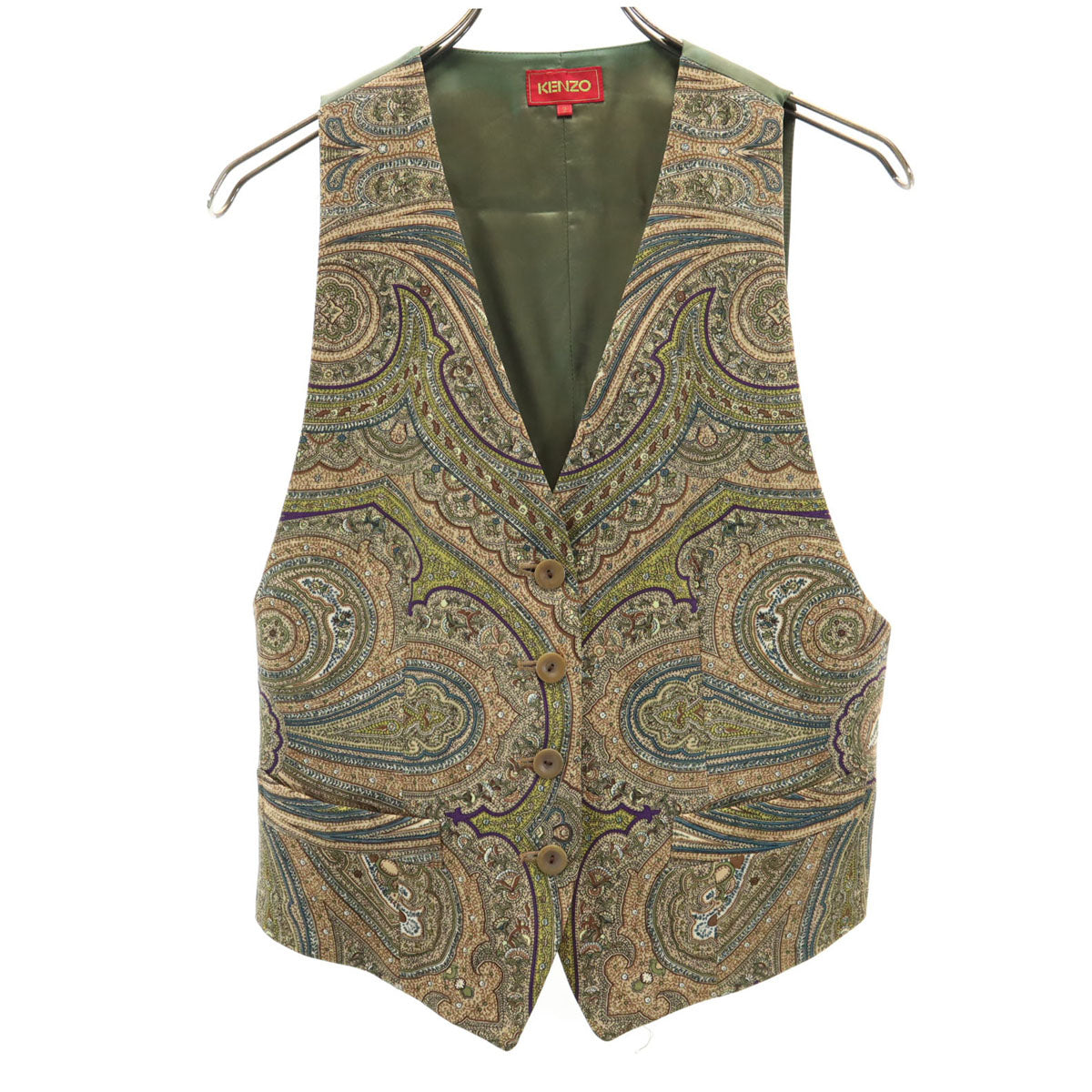 KENZO ケンゾー 90s 日本製 オールド 柄切替 Vネック ジレベスト 2 カーキ レディース