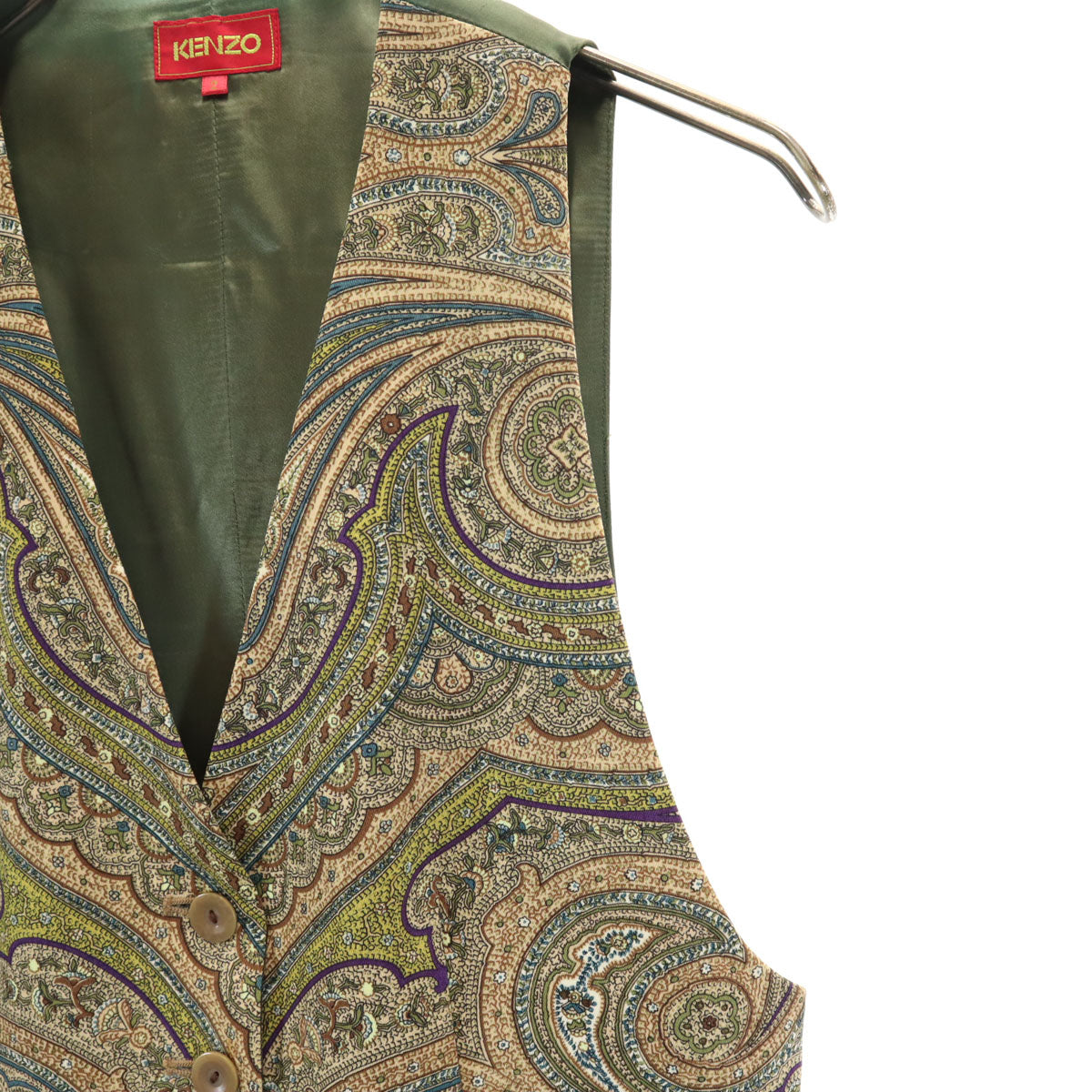 KENZO ケンゾー 90s 日本製 オールド 柄切替 Vネック ジレベスト 2 カーキ レディース