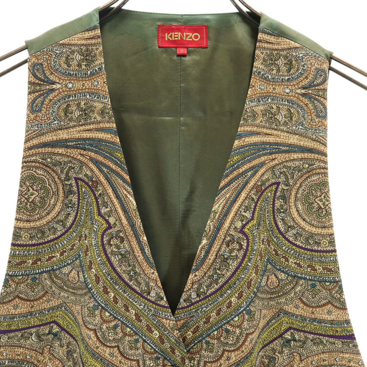KENZO ケンゾー 90s 日本製 オールド 柄切替 Vネック ジレベスト 2 カーキ レディース