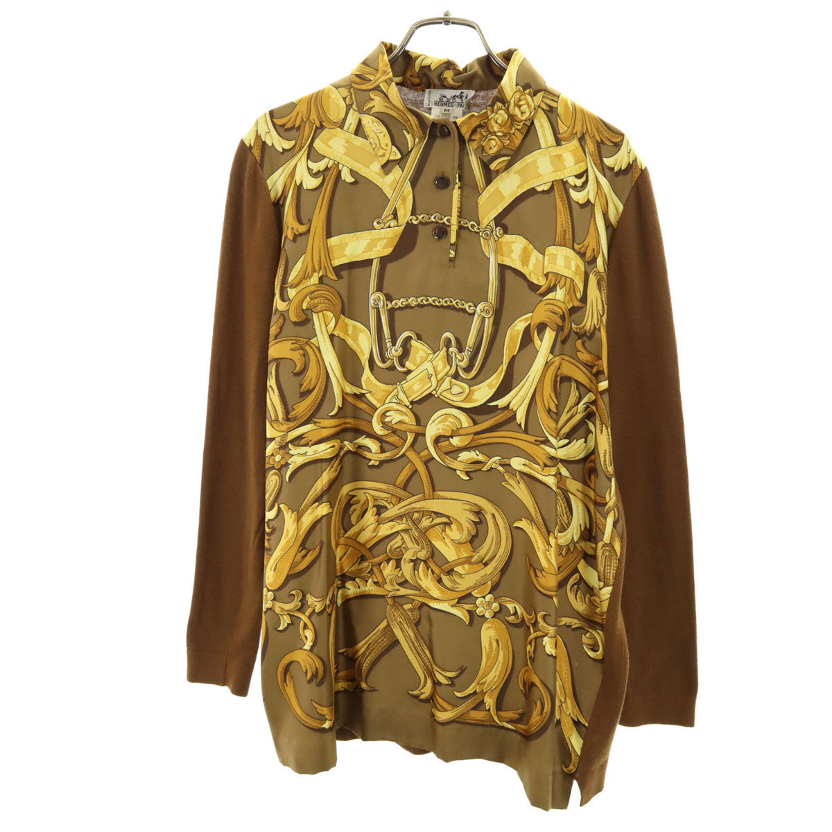 HERMES エルメス イタリア製 オールド 総柄 長袖 ニット切り替え シャツ M ブラウン レディース