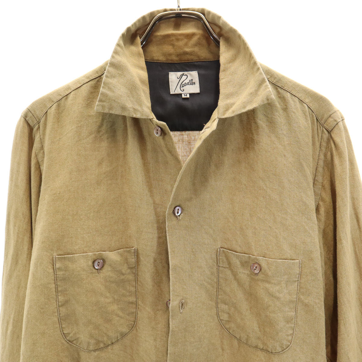 Needles ニードルス 日本製 猫目ボタン 長袖 リネンシャツ M ベージュ メンズ