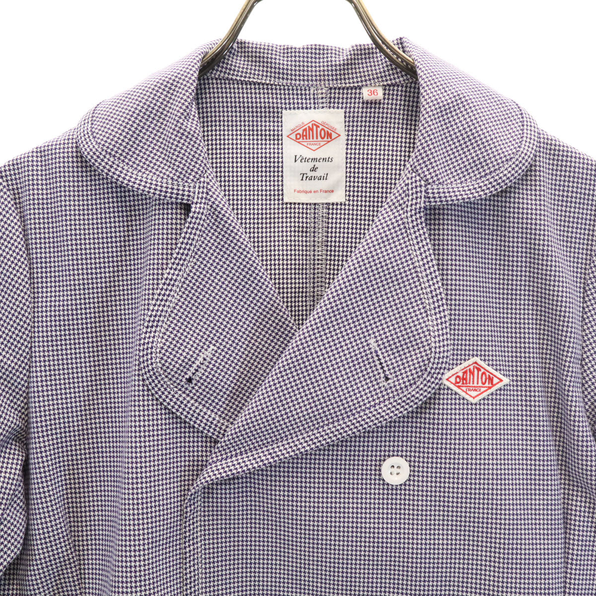 Danton ダントン フランス製 ハウンドトゥース柄 丸襟 ダブルブレスト ジャケット 36 ネイビー 千鳥格子 メンズ