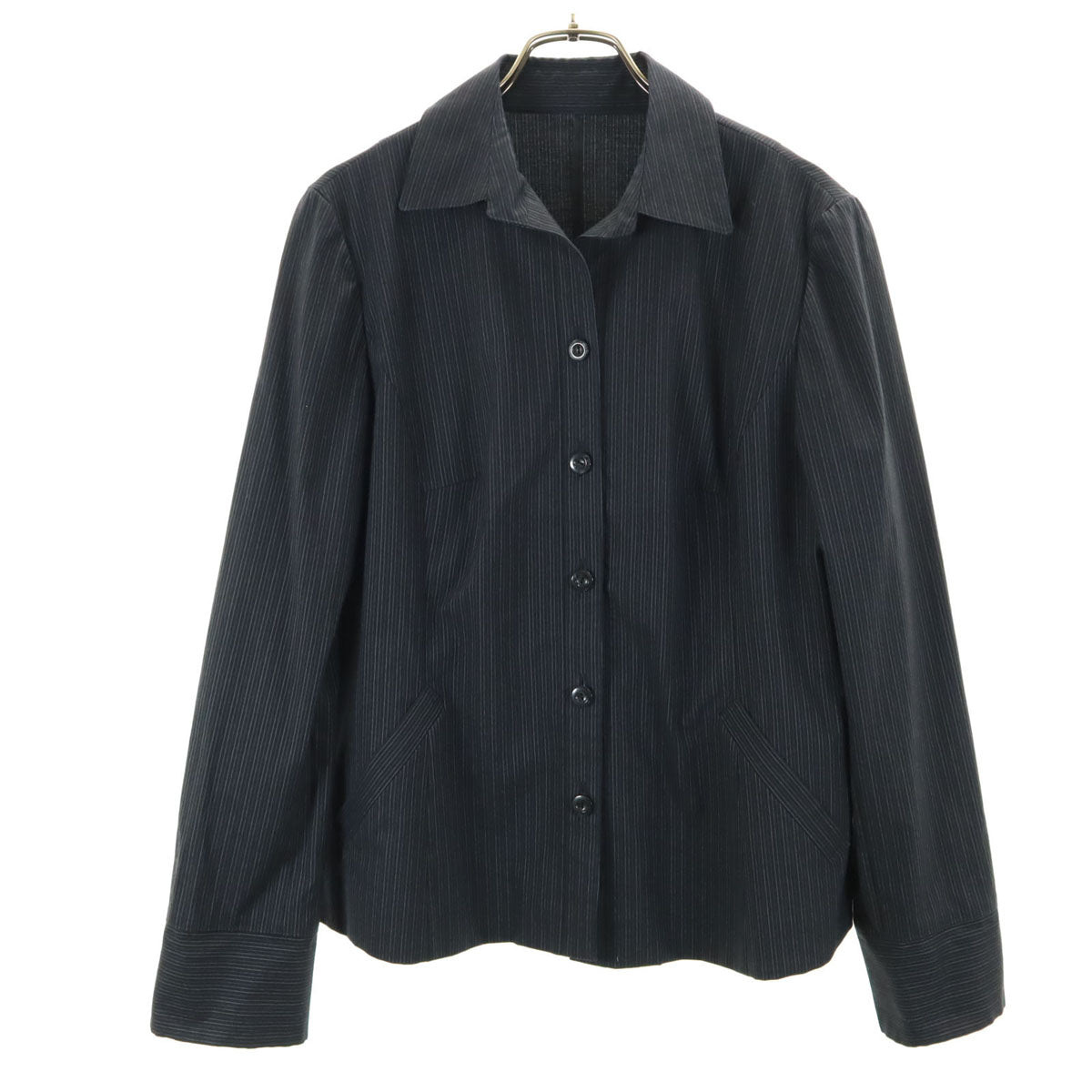Leilian レリアン 日本製 ストライプ柄 長袖 オープンカラーシャツ 13 濃紺 レディース