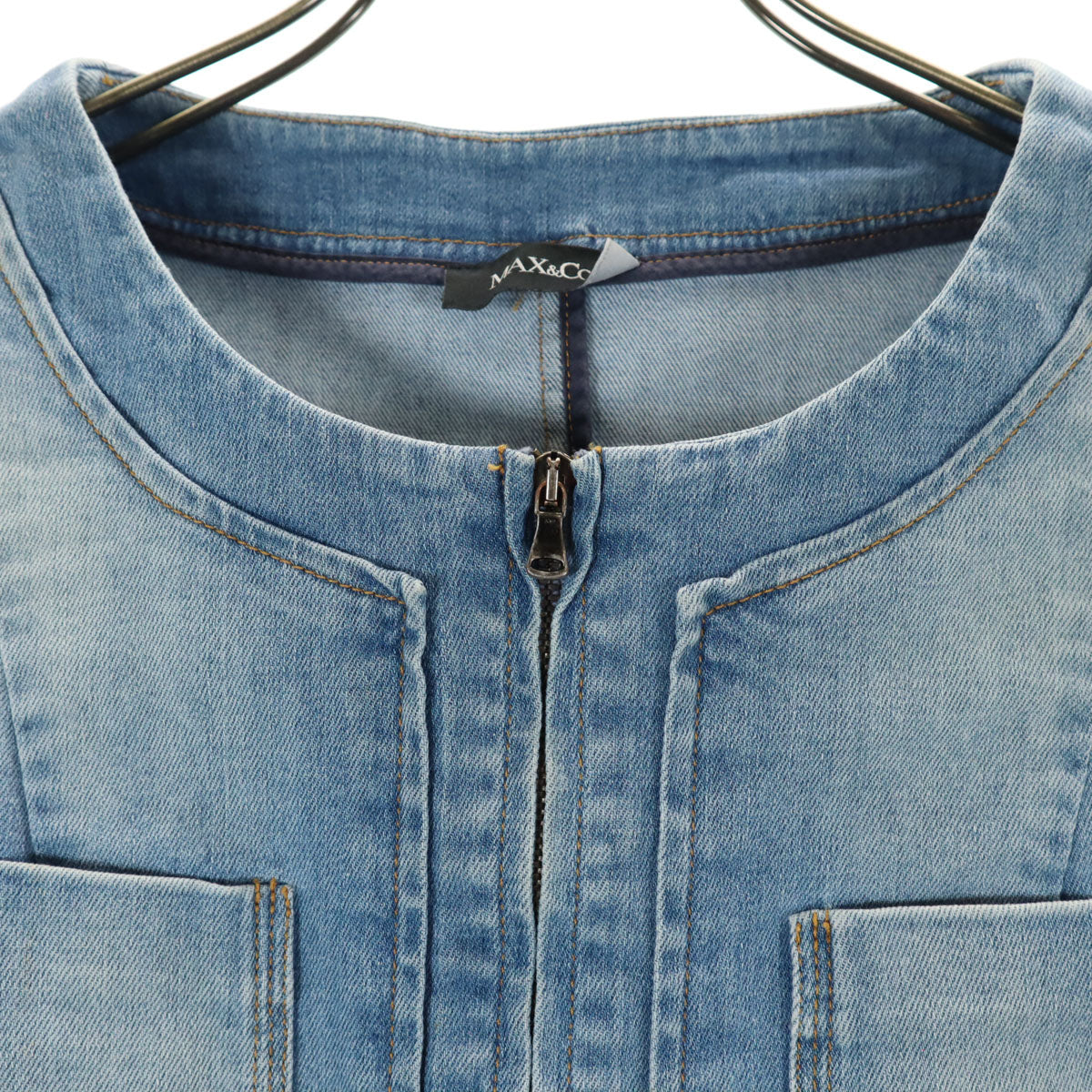 MAX&CO マックスアンドコー 7分袖 ノーカラー デニムジャケット 38 ウォッシュブルー マックスマーラ レディース
