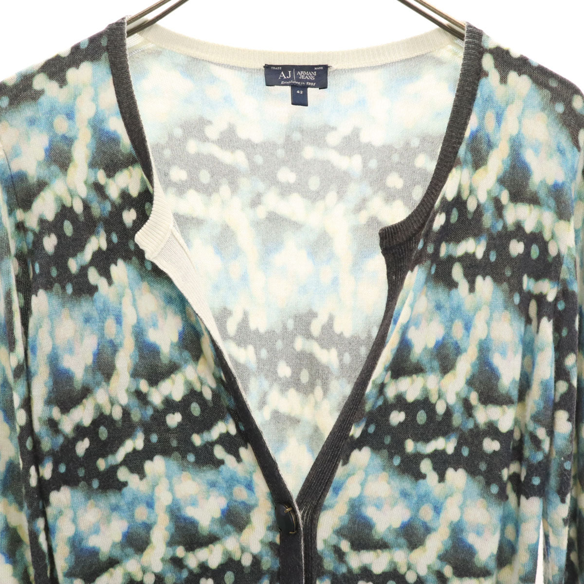 ARMANI JEANS アルマーニジーンズ 総柄 7分袖 ニットカーディガン 42 ブルー レディース