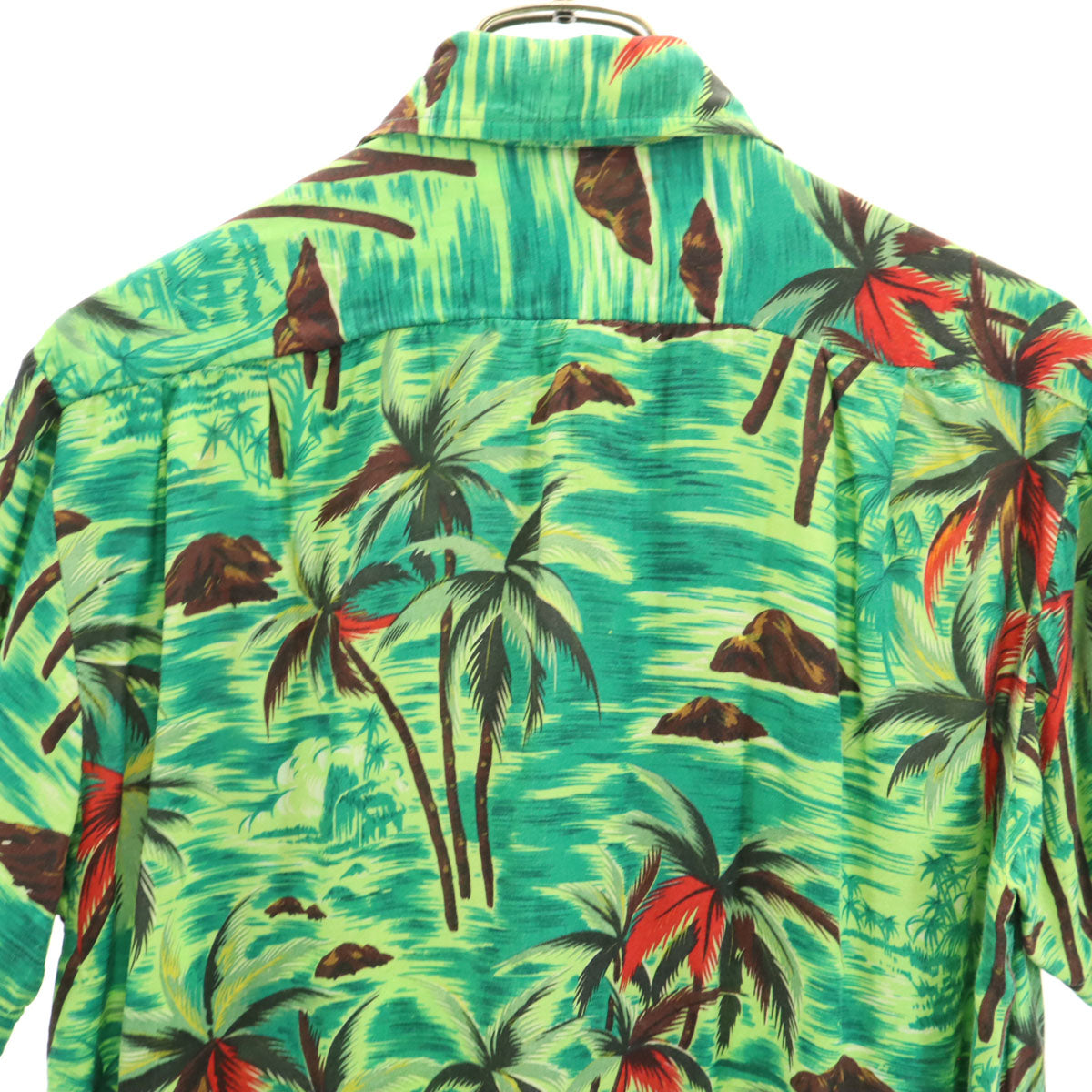 70s ヴィンテージ 衿芯 総柄 ヤシの木 半袖 シャツ グリーン メンズ