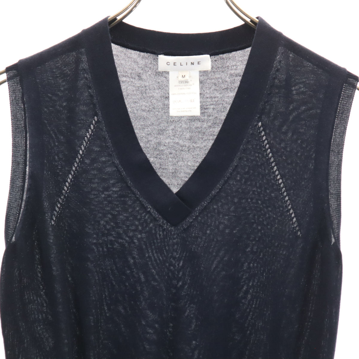 CELINE セリーヌ イタリア製 半袖 Vネック ニットベスト M ネイビー レディース