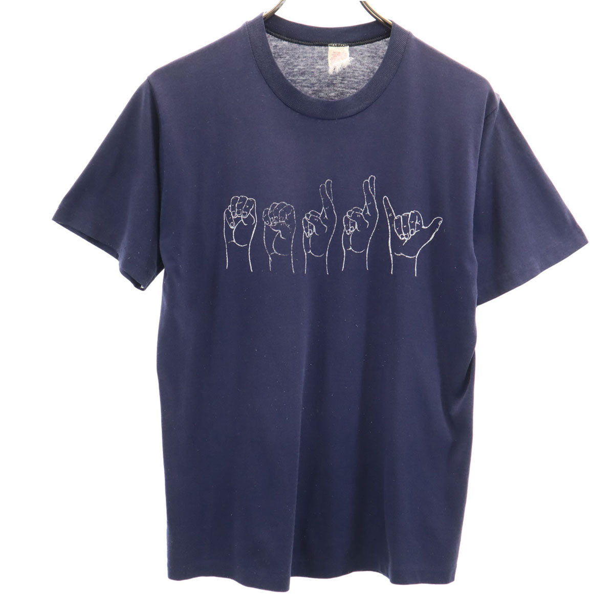 VINTAGE ヴィンテージ 80s USA製 手話 プリント 半袖 シングルステッチ Tシャツ M ネイビー メンズ