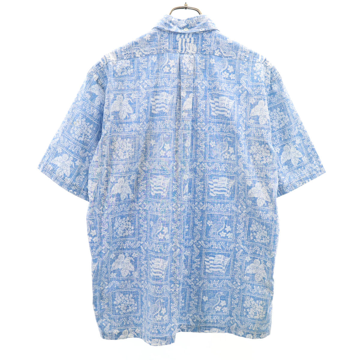 reyn spooner レインスプーナー 80s ハワイ製 ヴィンテージ 金タグ 総柄 半袖 リバーズプリント プルオーバー ボタンダウン アロハシャツ L ブルー メンズ