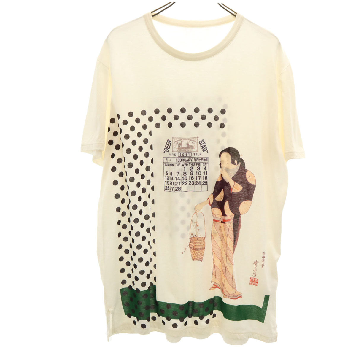 Ground Y グランドワイ 河鍋暁斎 コラボ 日本製 美人十二ヵ月カレンダー二月 半袖 Tシャツ 3 アイボリー ヨウジヤマモト メンズ