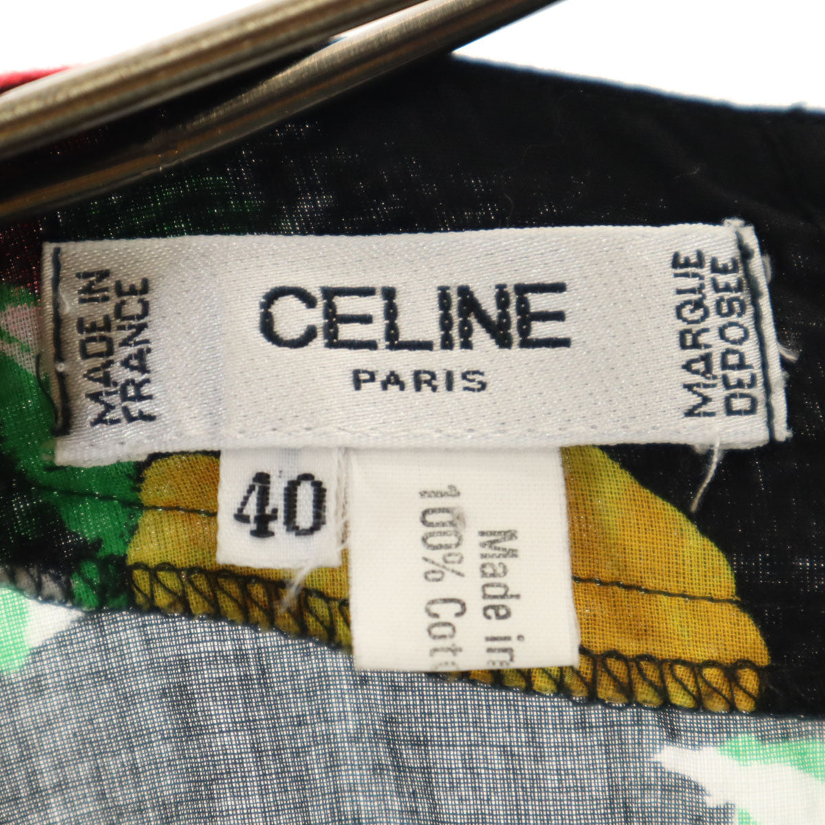 CELINE セリーヌ フランス製 バラ柄 半袖 ノーカラー ブラウス 40 ブラック レディース