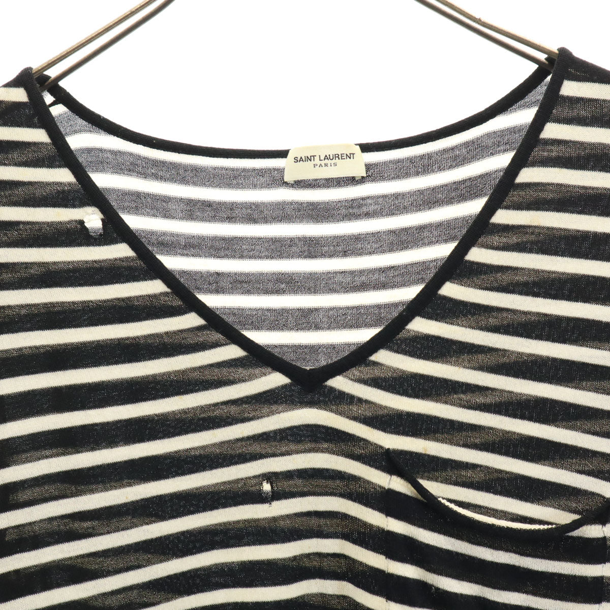 SAINT LAURENT サンローラン イタリア製 ボーダー柄 半袖 Vネック ニット XS ブラック レディース