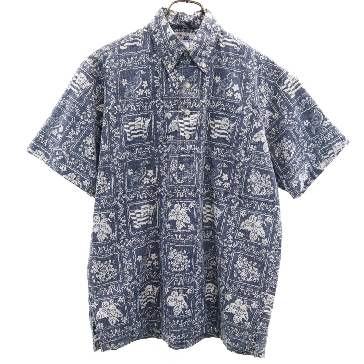 reyn spooner レインスプーナー 90s オールド 水着タグ 総柄 リバースプリント 半袖 ボタンダウン アロハシャツ S ネイビー プルオーバー メンズ