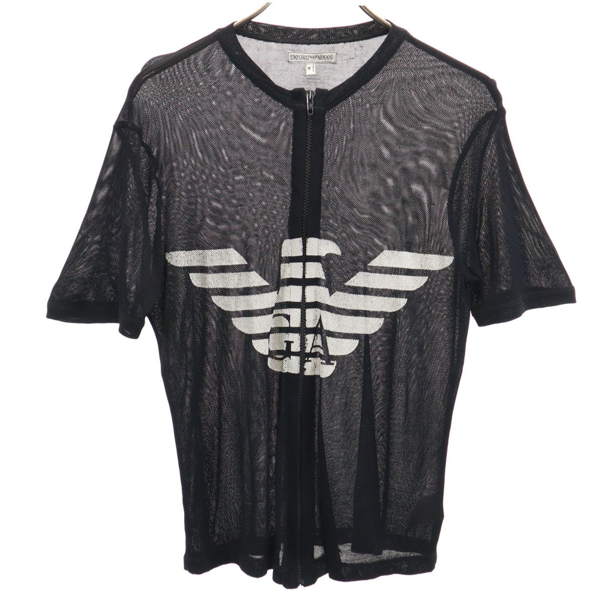 Emporio Armani エンポリオアルマーニ 90s イタリア製 オールド 半袖 ジップアップ メッシュ カットソー M ブラック レディース