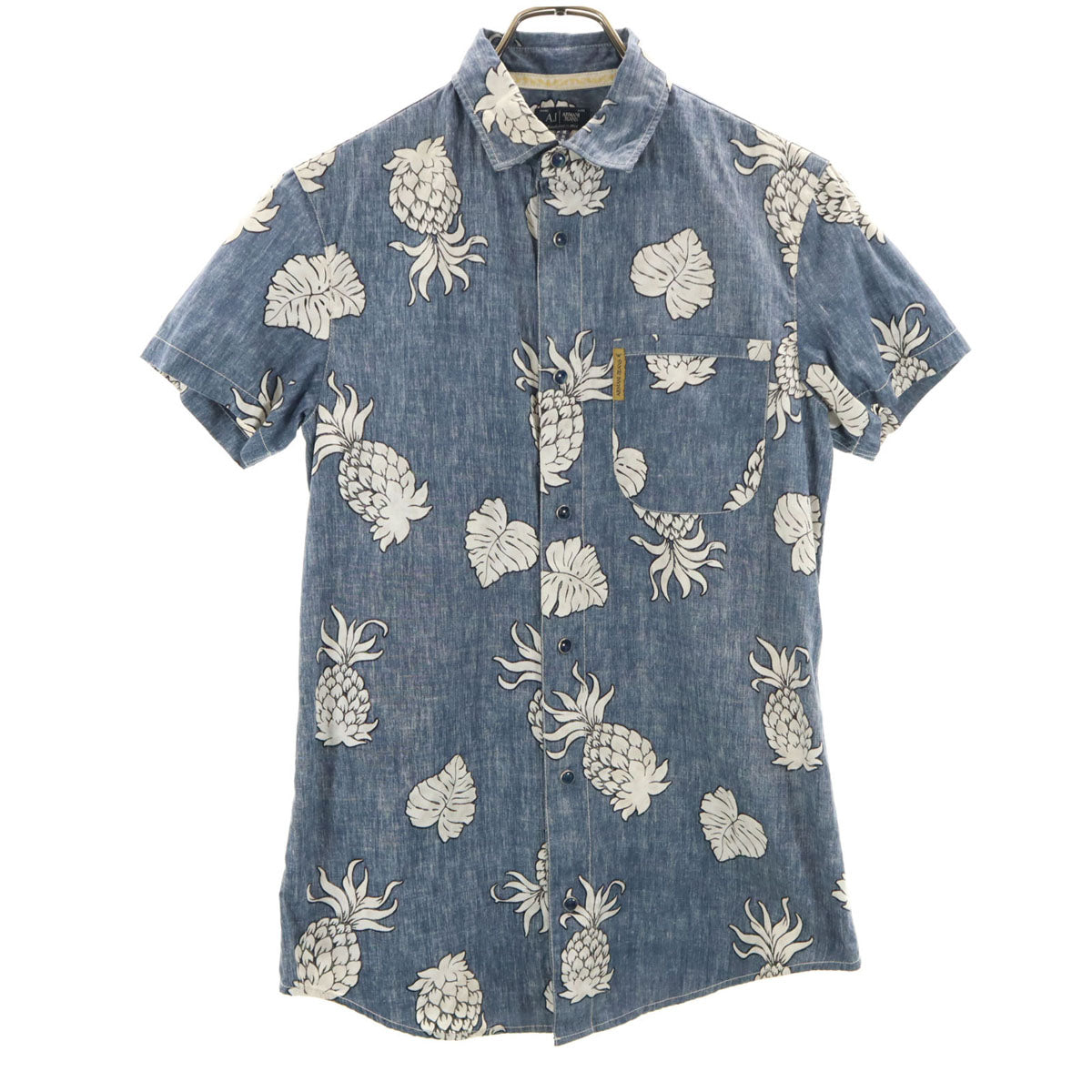 ARMANI JEANS アルマーニジーンズ 半袖 リバースプリント アロハシャツ XS ネイビー×ホワイト パイナップル メンズ