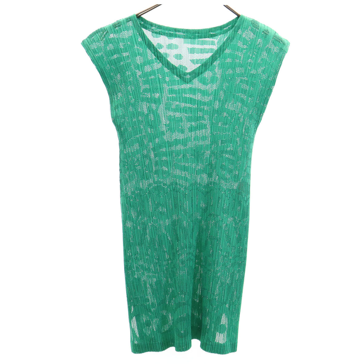 PLEATS PLEASE プリーツプリーズ 日本製 総柄 ノースリーブ プリーツ カットソー 4 グリーン イッセイミヤケ メッシュ メンズ