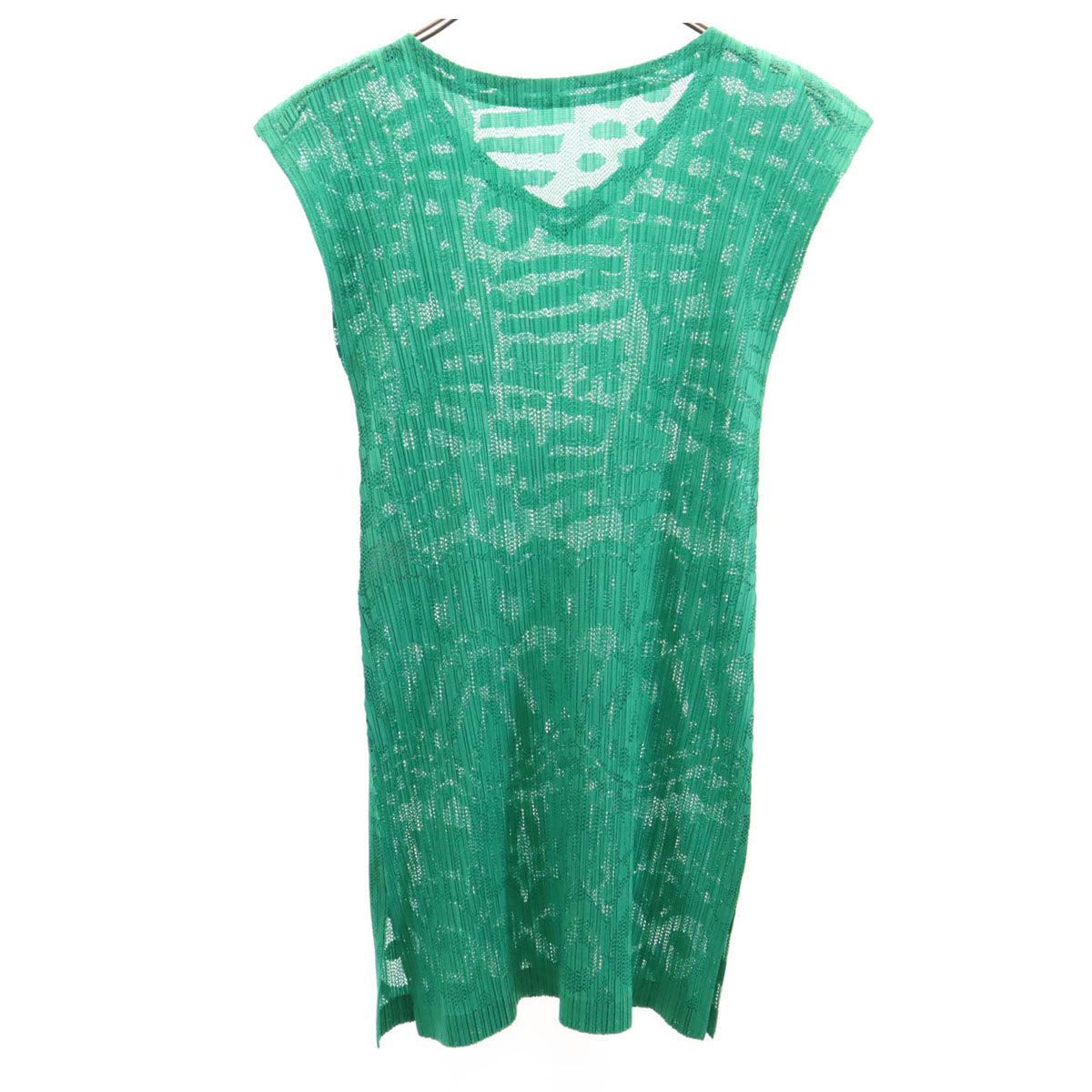 PLEATS PLEASE プリーツプリーズ 日本製 総柄 ノースリーブ プリーツ カットソー 4 グリーン イッセイミヤケ メッシュ メンズ