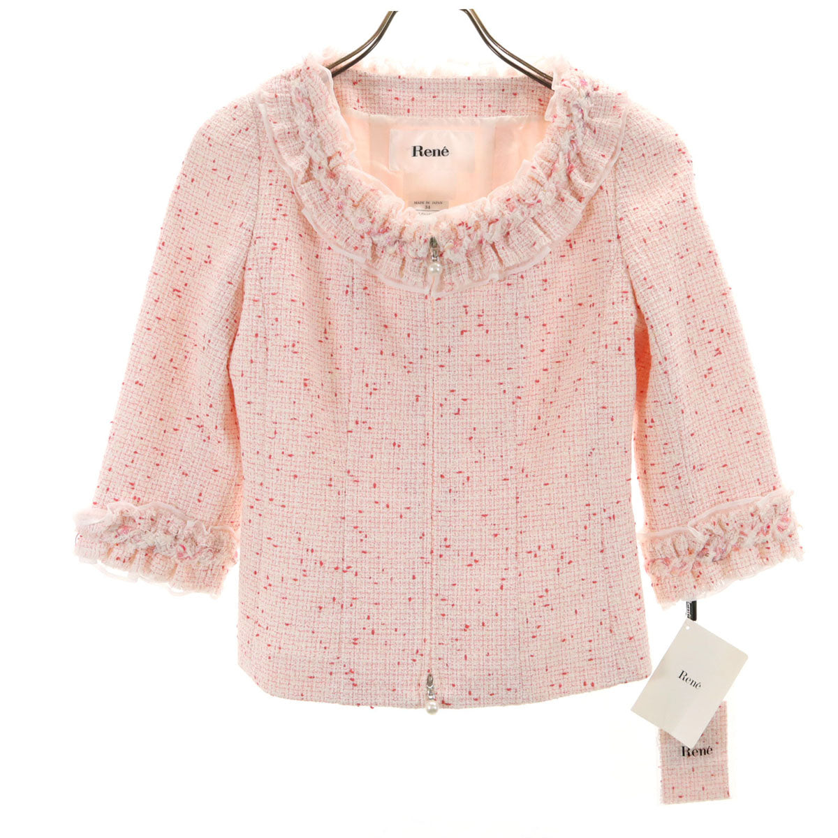 未使用 Rene ルネ 日本製 5分袖 ツイード ジャケット 34 ピンク系 レディース