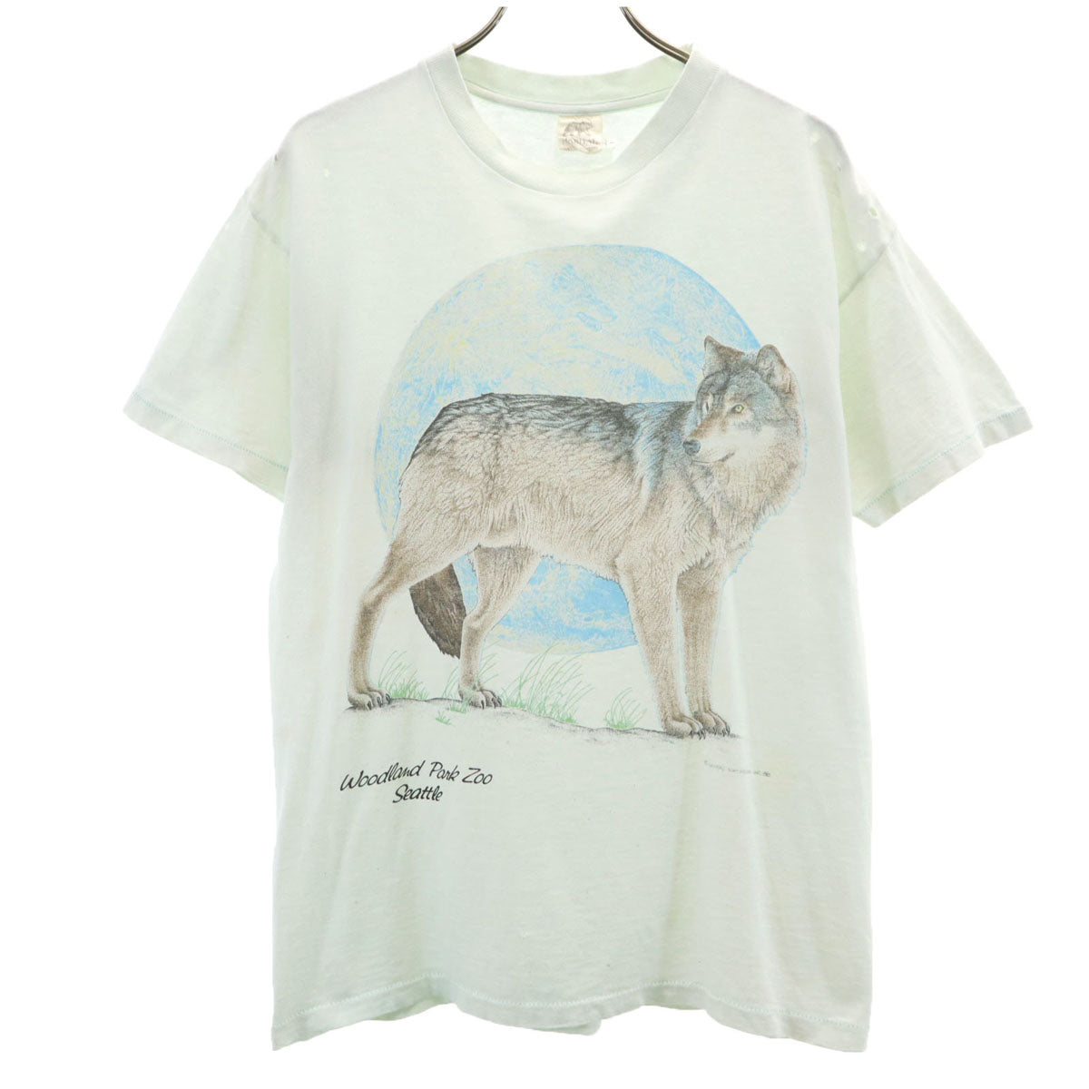 HABITAT ハビタット 90s USA製 オールド オオカミ 半袖 Tシャツ M グリーンホワイト系 シングルステッチ アニマル柄 メンズ