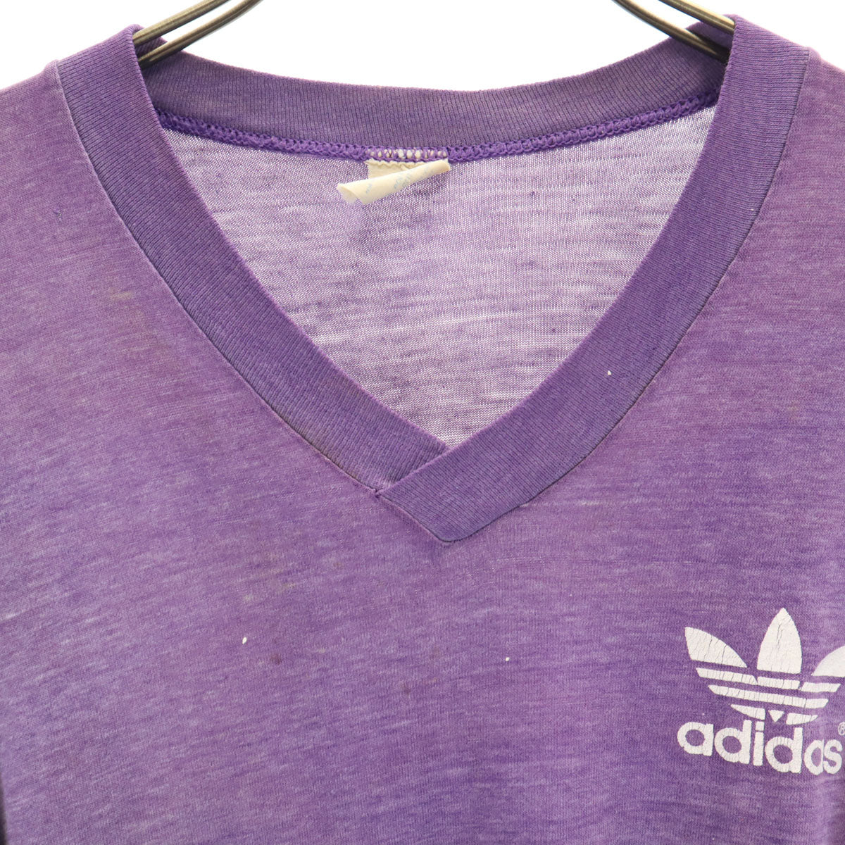 adidas アディダス 80s USA製 ヴィンテージ トレフォイルロゴ 5分袖 Vネック Tシャツ パープル メンズ