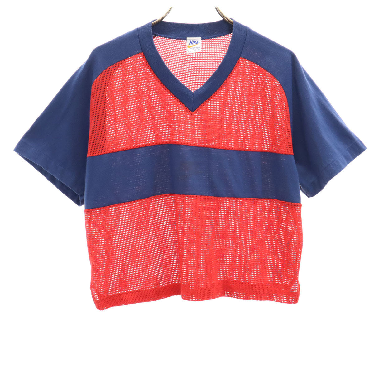 NIKE ナイキ 80s USA製 ヴィンテージ 半袖 メッシュ Vネック Tシャツ L レッド ショート丈 レディース