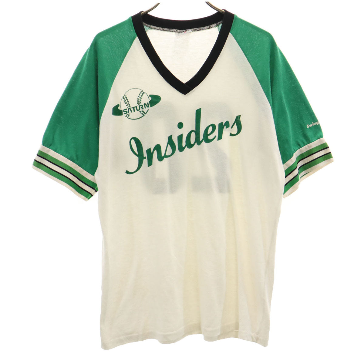 Swingster スイングスター 80s 90s USA製 オールド 半袖 Vネック Tシャツ L グリーン系 野球 メンズ
