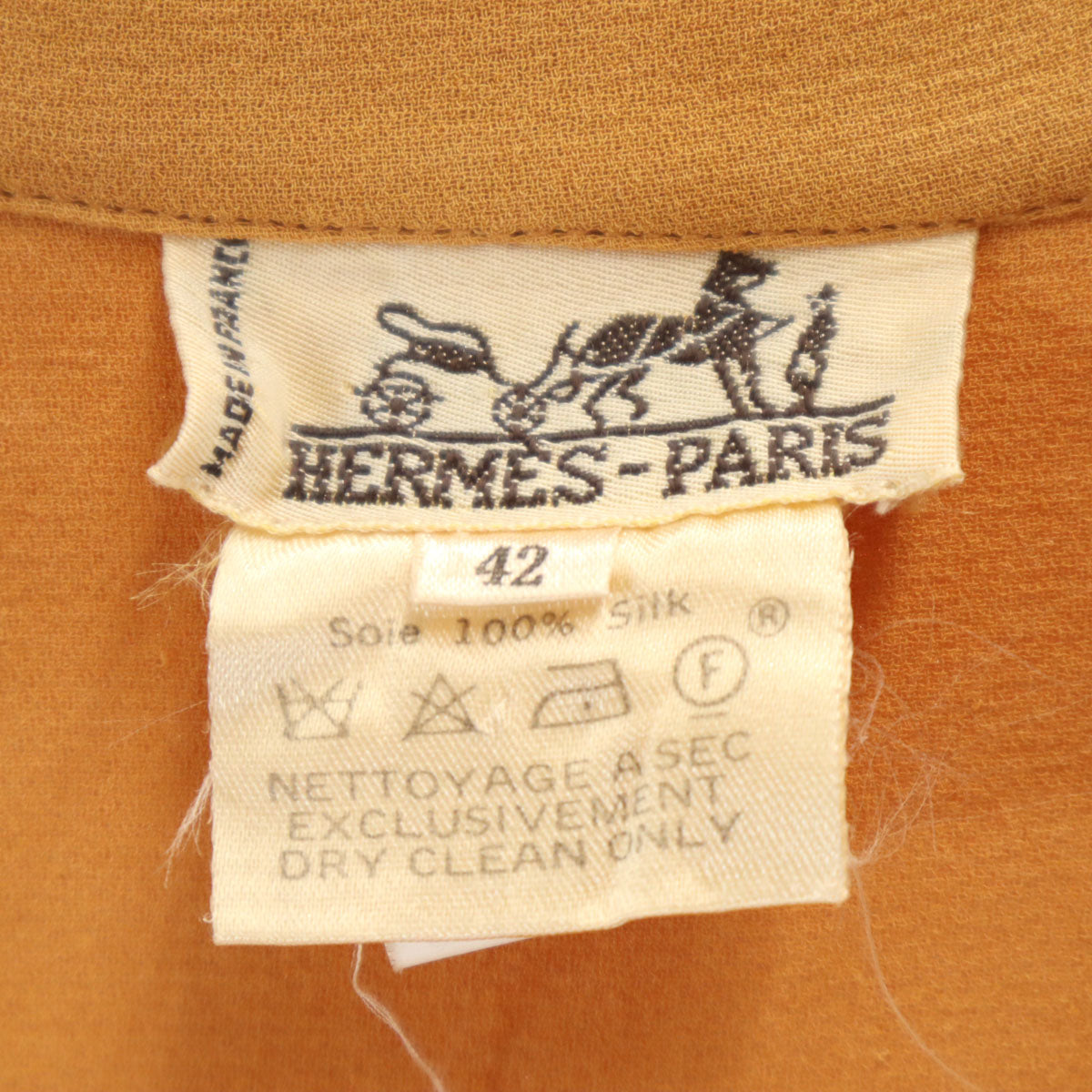 HERMES エルメス 90s フランス製 シルク オールド 半袖 シャツ 42 オレンジブラウン レディース