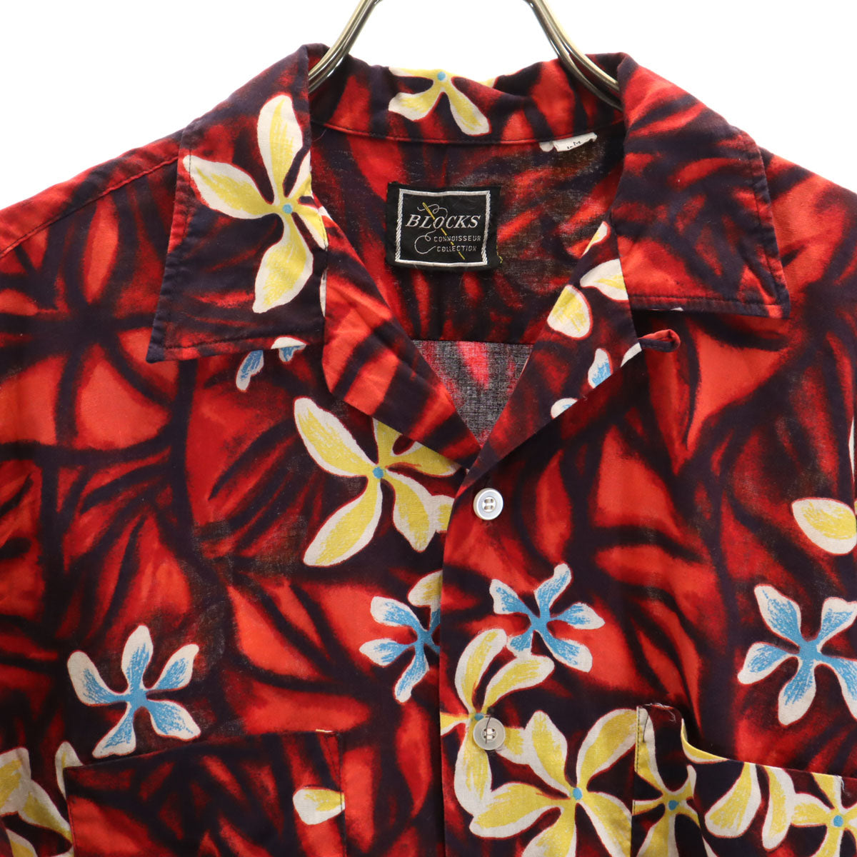 BLOCKS 70s 80s ヴィンテージ 花柄 半袖 オープンカラー アロハシャツ M レッド 開襟 メンズ