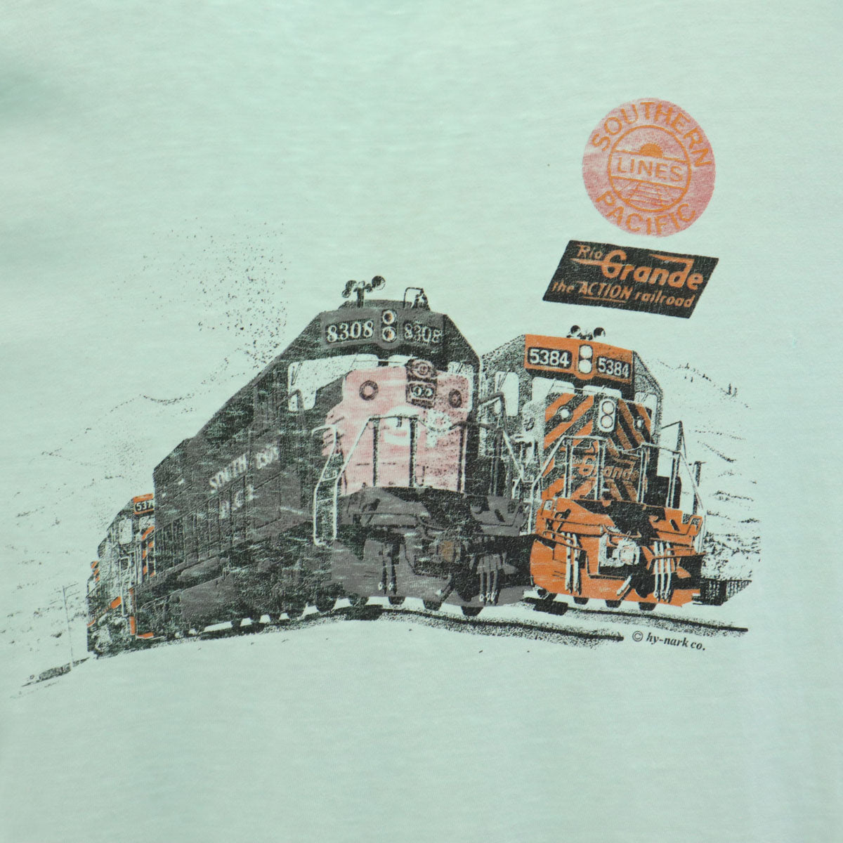 Hanes ヘインズ 80s 90s USA製 オールド 鉄道プリント 半袖 Tシャツ XL ミント系 シングルステッチ BEEFY-T メンズ