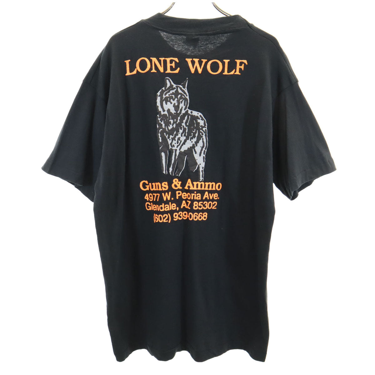 FRUIT OF THE LOOM フルーツオブザルーム 90s USA製 オールド バックプリント LONE WOLF Guns ＆ Ammo オオカミ 半袖 Tシャツ L ブラック シングルステッチ 企業モノ ポケT メンズ