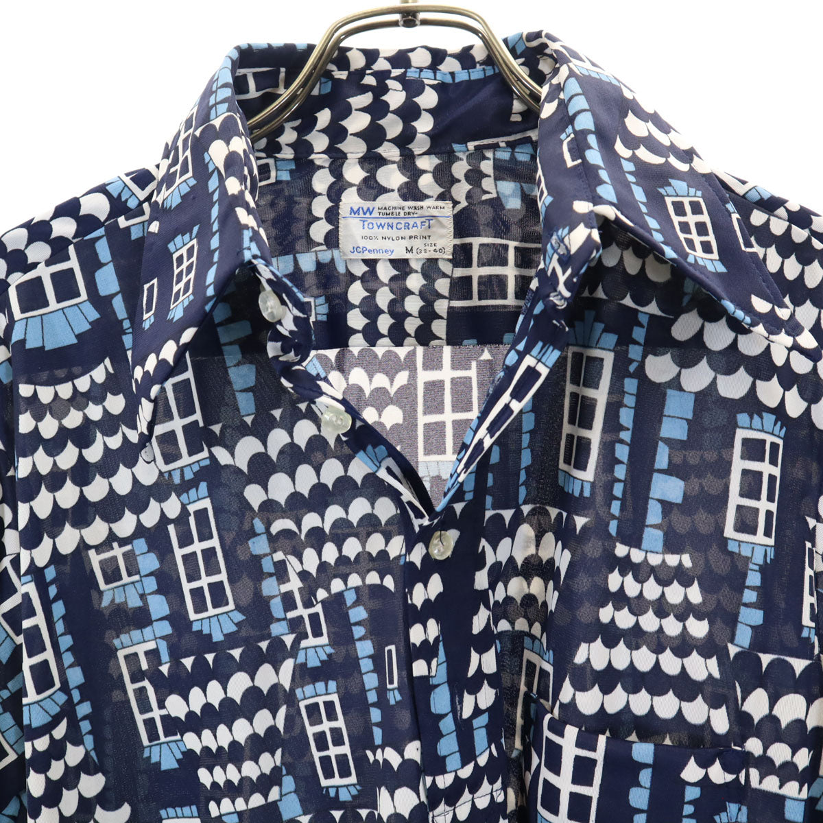 TOWNCRAFT タウンクラフト 70s ヴィンテージ 総柄 長袖 ハーフボタン シャツ M ネイビー系 JC PENNY メンズ