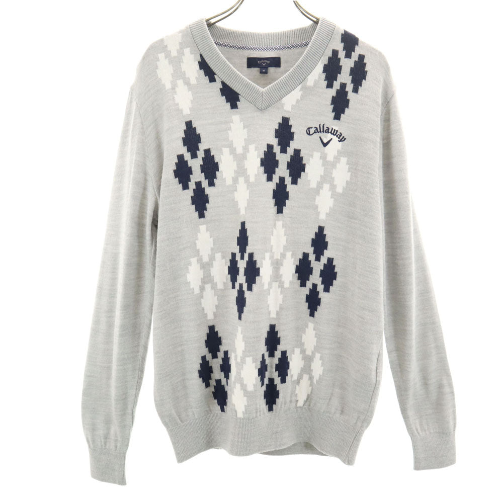 Callaway キャロウェイ アーガイル柄 ゴルフ 長袖 Vネック セーター M グレー ニット メンズ