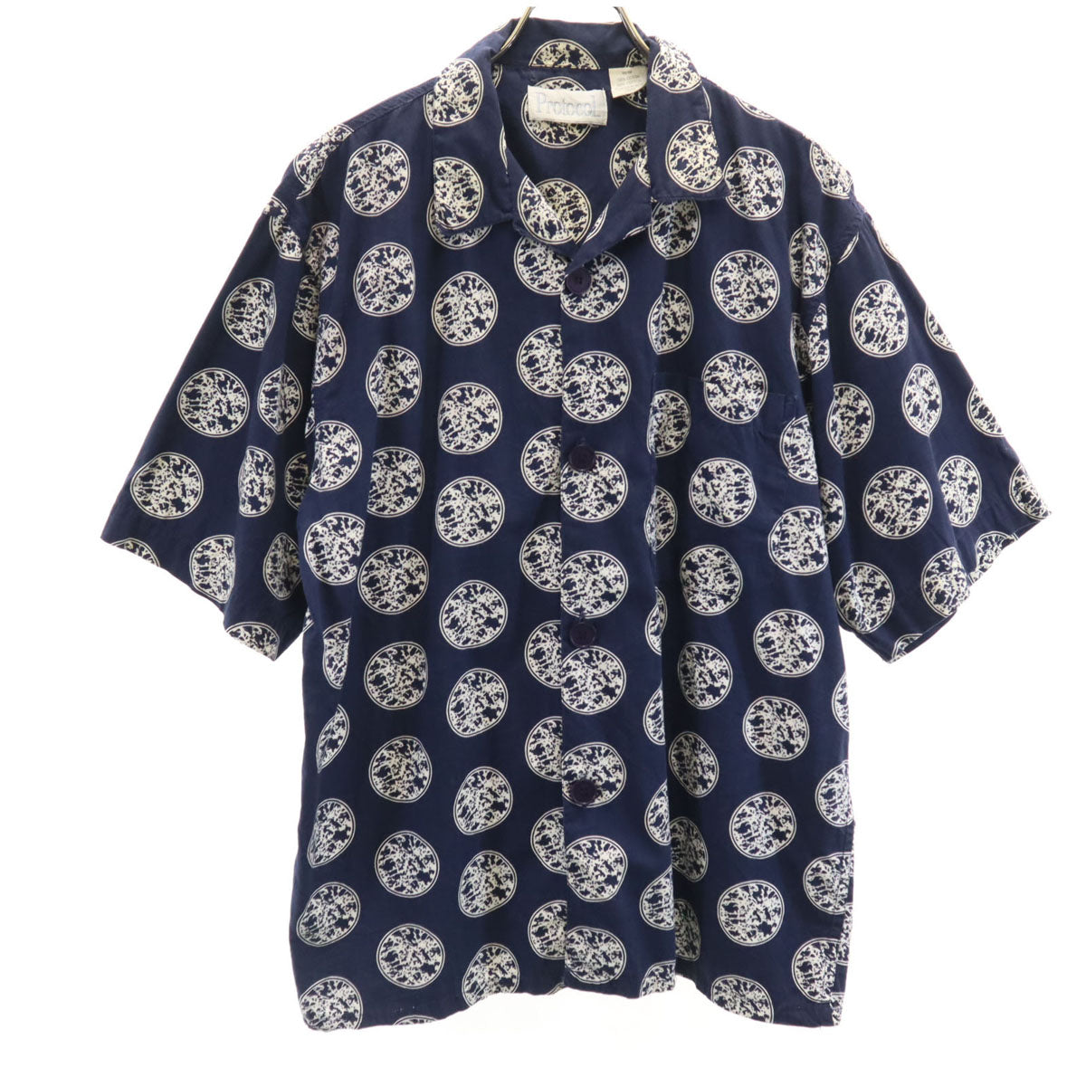 Protocol 90s オールド 総柄 半袖 開襟 アロハシャツ M ネイビー メンズ