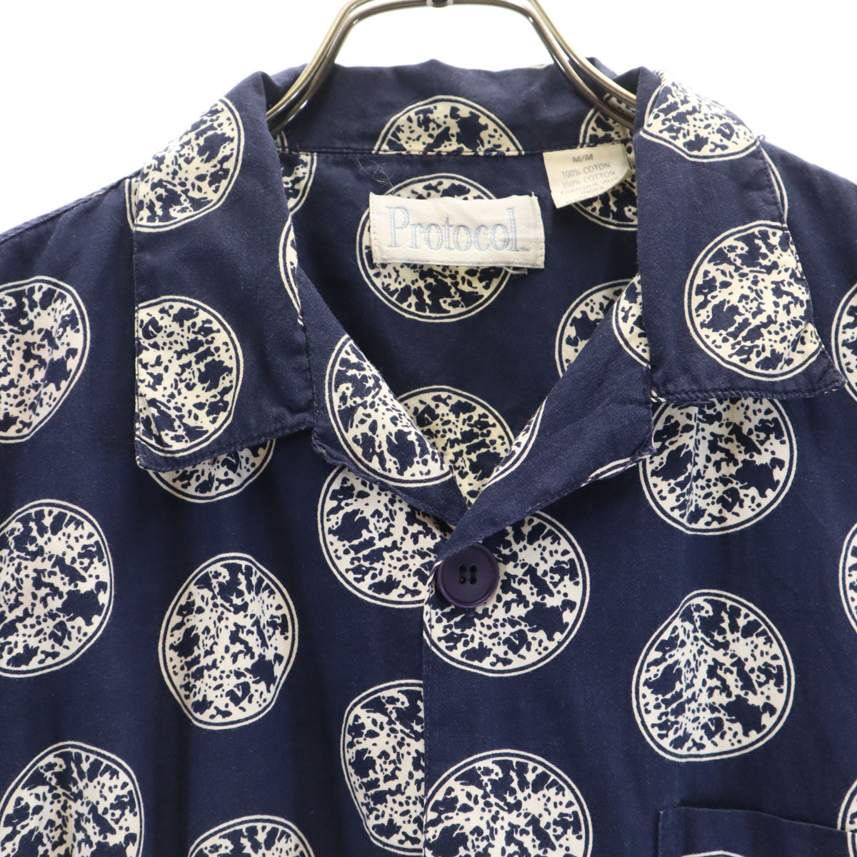Protocol 90s オールド 総柄 半袖 開襟 アロハシャツ M ネイビー メンズ