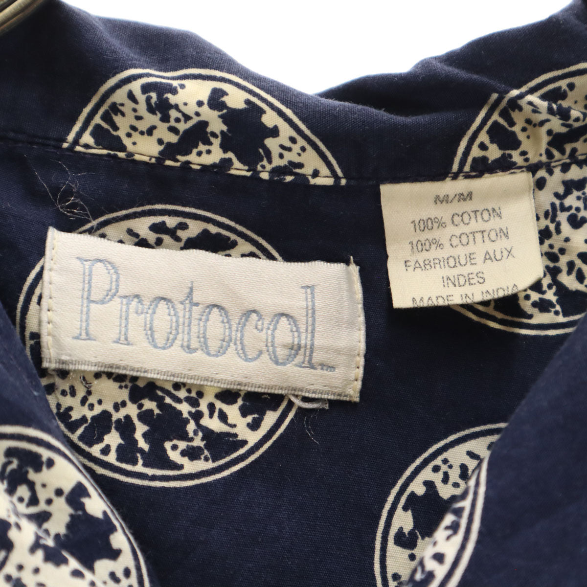 Protocol 90s オールド 総柄 半袖 開襟 アロハシャツ M ネイビー メンズ