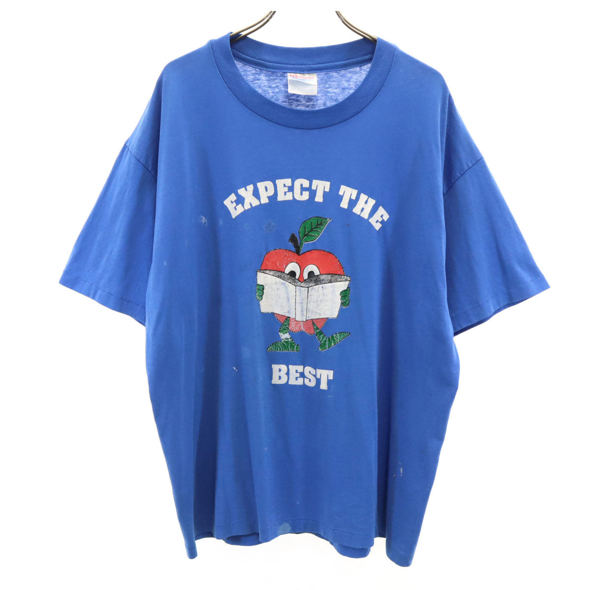 Hanes ヘインズ 90s USA製 オールド EXPECT Thelen BEST アップル プリント 半袖 Tシャツ L ブルー シングルステッチ メンズ