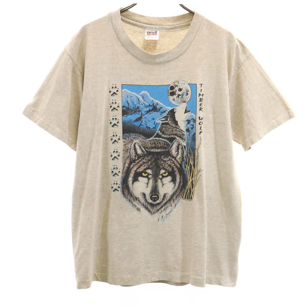 anvil アンヴィル 90s USA製 オールド オオカミ プリント 半袖 Tシャツ M グレー系 シングルステッチ アニマル柄 メンズ