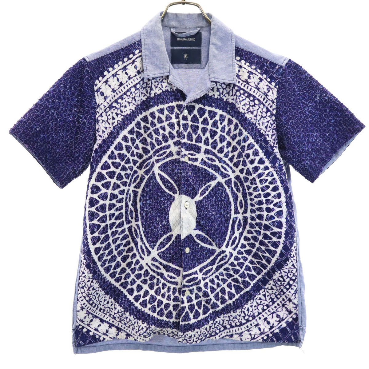 MIHARA YASUHIRO ミハラヤスヒロ 日本製 半袖 柄切替 オープンカラーシャツ 46 パープル メンズ