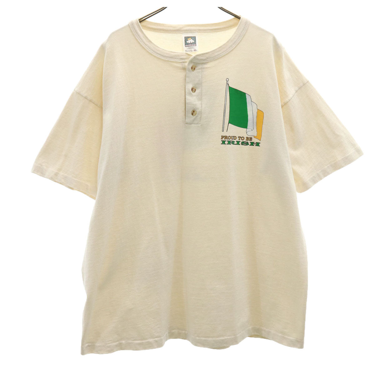 COTTON DELUXE コットンデラックス 90s USA製 オールド メッセージ 半袖 ヘンリーネック Tシャツ XL ベージュ シングルステッチ IRISH メンズ