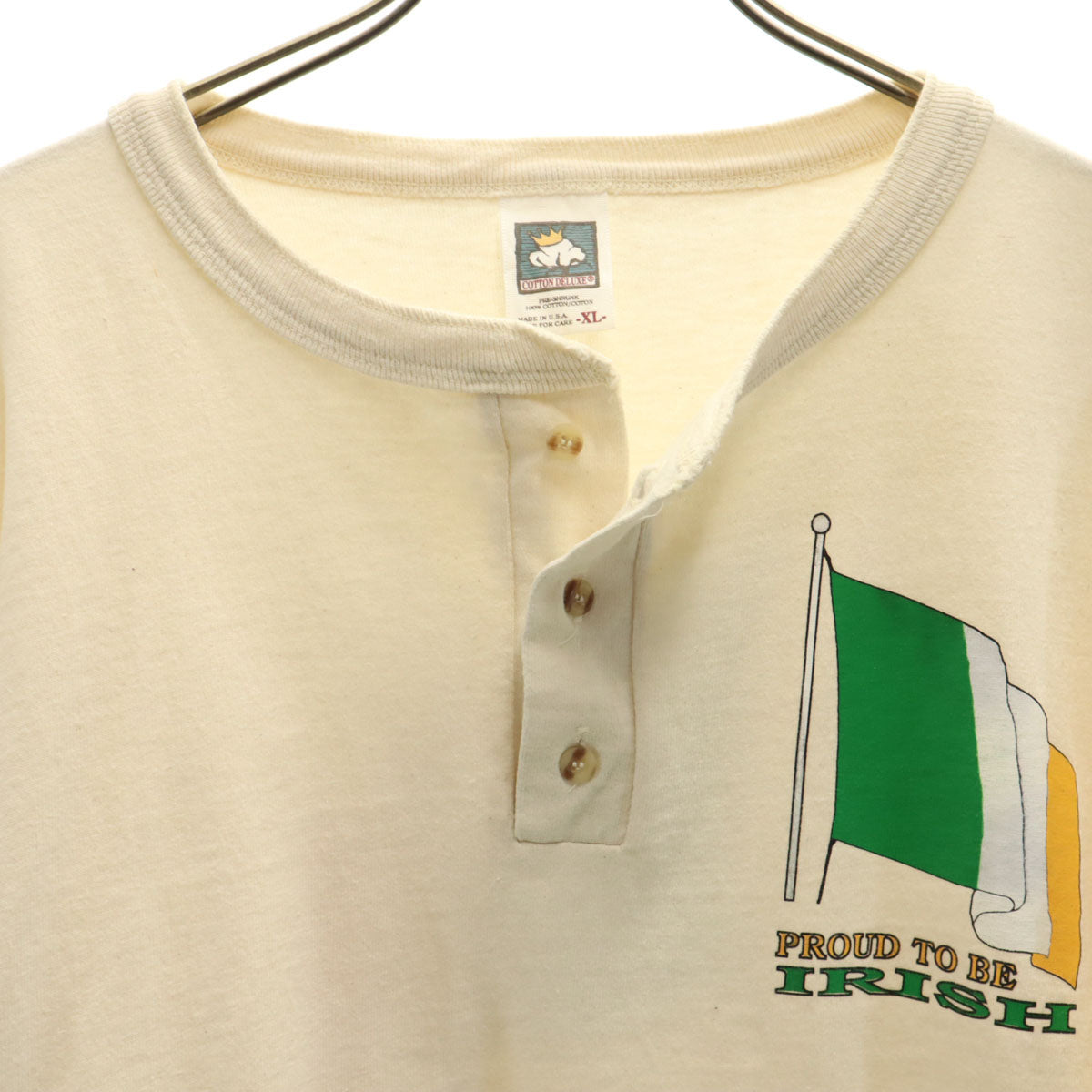COTTON DELUXE コットンデラックス 90s USA製 オールド メッセージ 半袖 ヘンリーネック Tシャツ XL ベージュ シングルステッチ IRISH メンズ
