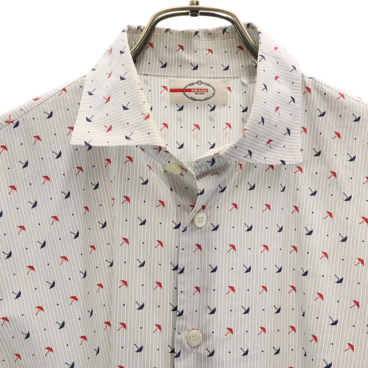 PRADA プラダ ストライプ アンブレラ柄 長袖 コットンシャツ 39 グレー メンズ