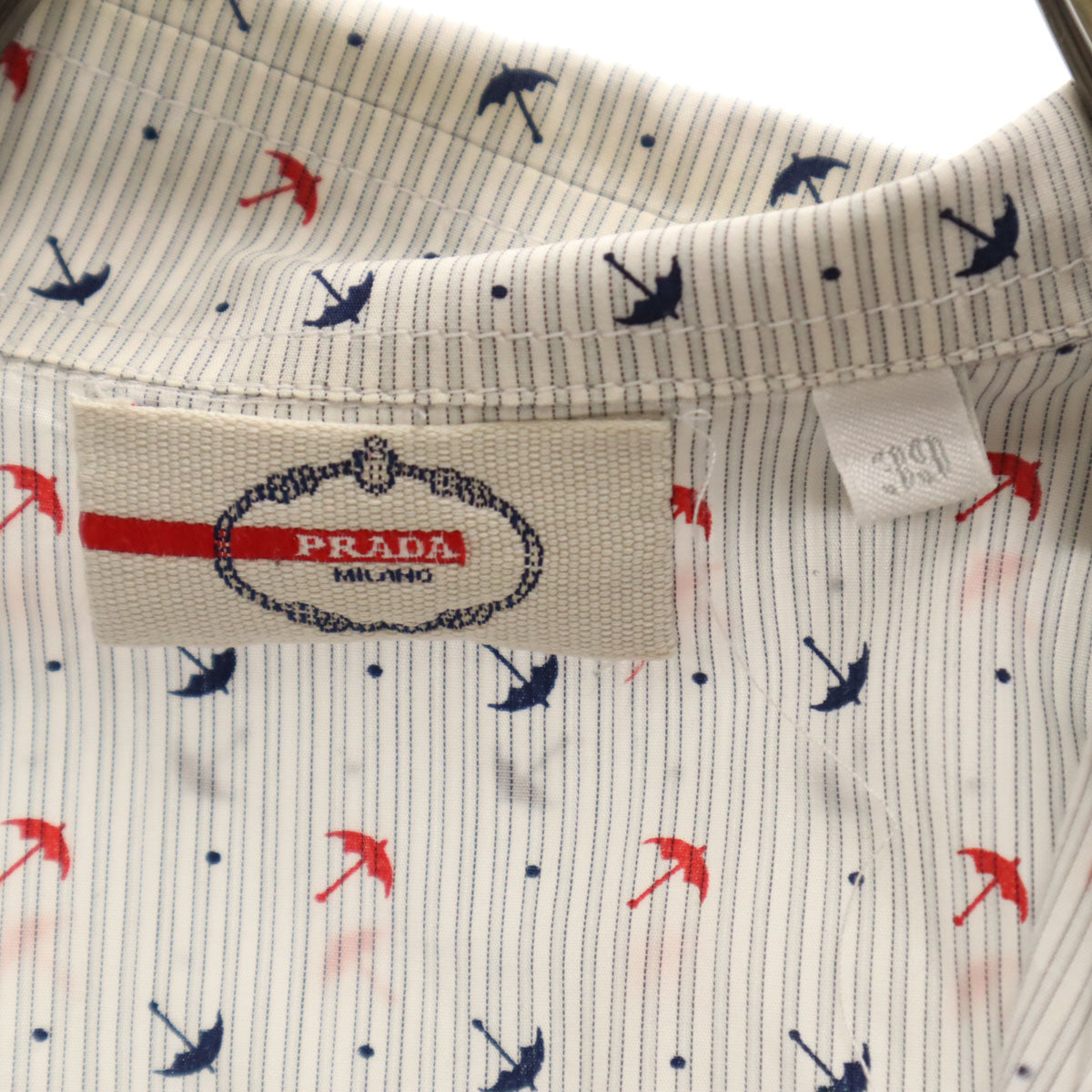 PRADA プラダ ストライプ アンブレラ柄 長袖 コットンシャツ 39 グレー メンズ